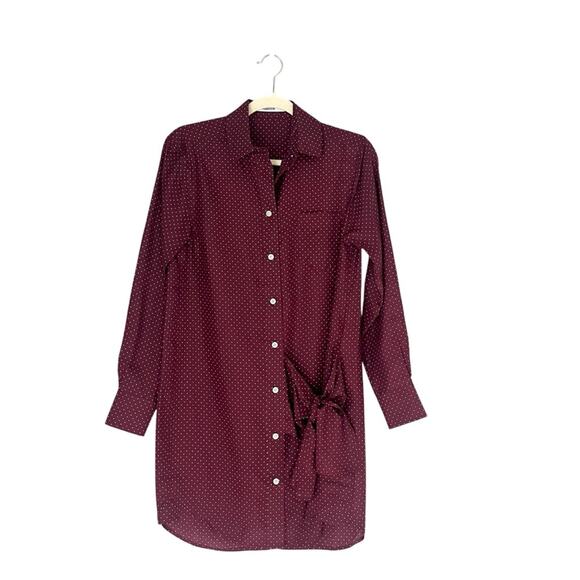 Takoon Silk Wrap Tie Shirt Dress in maroon polka dots Sz XS minimalist oversize - Picture 2 of 9